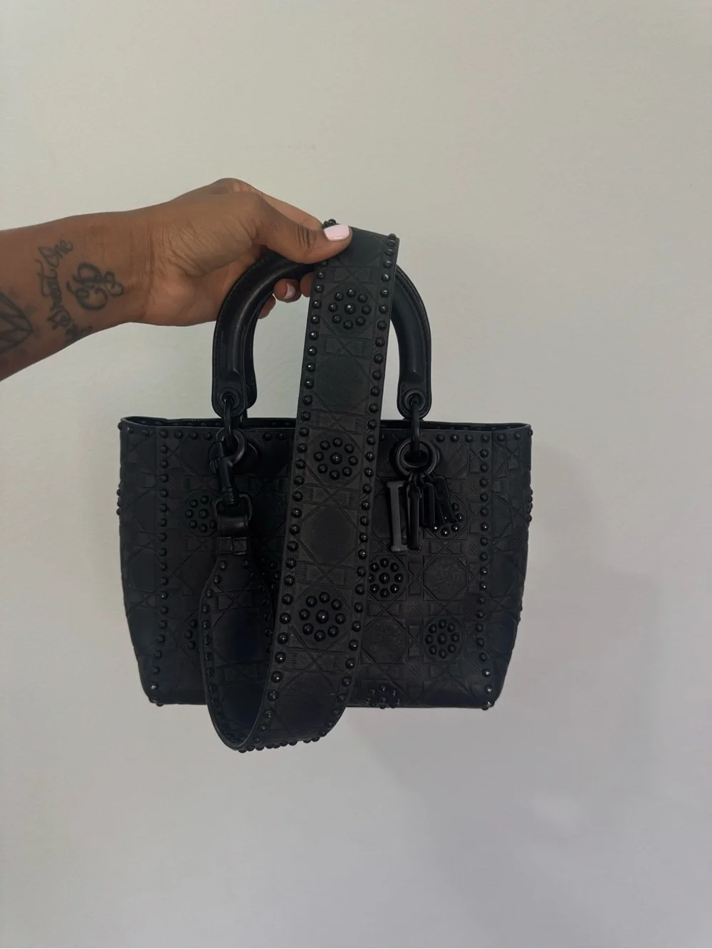 Authentic Dior Lady Dior Medium Matte Black Studded 2 way Bag 2018